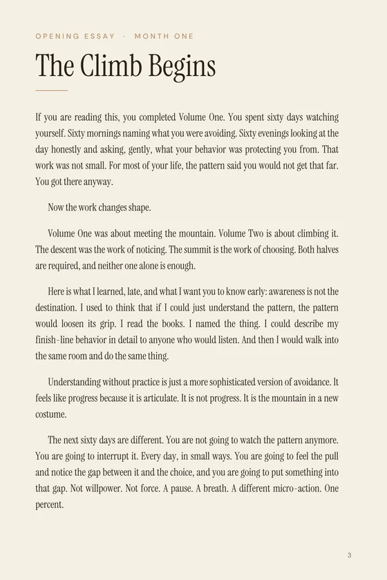 Opening essay page headed &lsquo;OPENING ESSAY · MONTH ONE&rsquo; with the display title &lsquo;The Climb Begins&rsquo; and paragraphs on the difference between noticing a pattern and interrupting it.