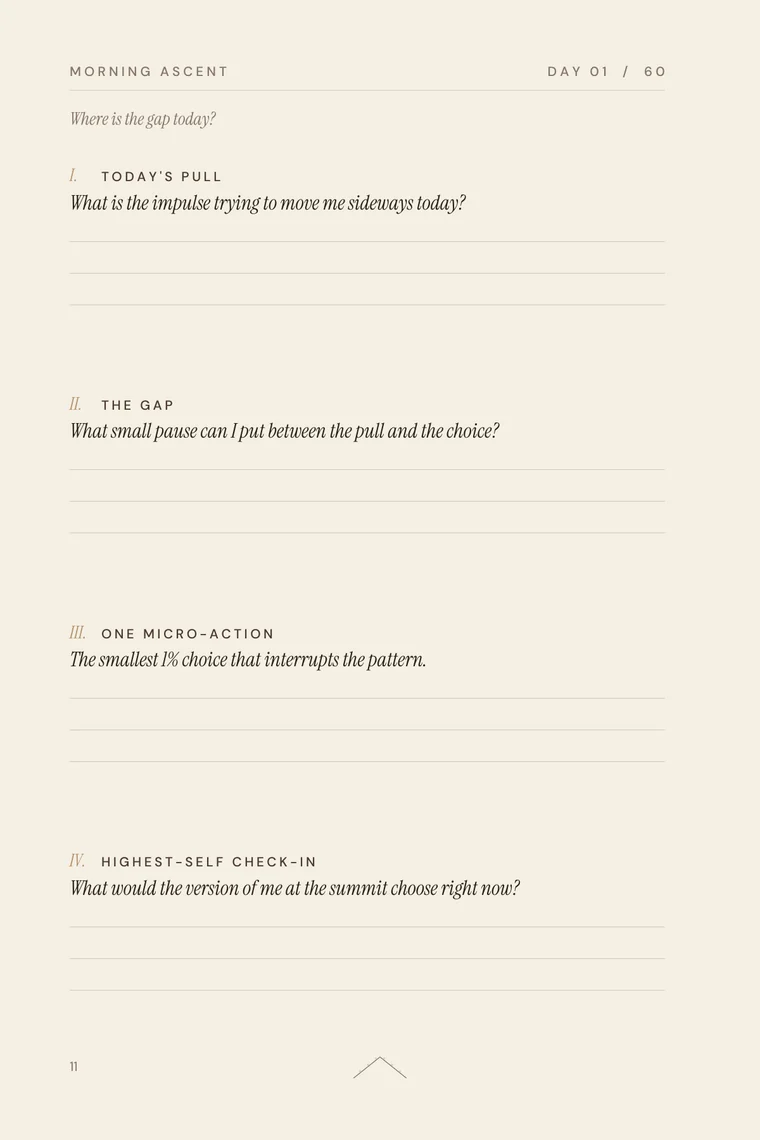 Interior page headed &lsquo;MORNING ASCENT&rsquo; and marked &lsquo;DAY 01 / 60&rsquo;, asking &lsquo;Where is the gap today?&rsquo; above four numbered fields: today&rsquo;s pull, the gap, one micro-action, and highest-self check-in.