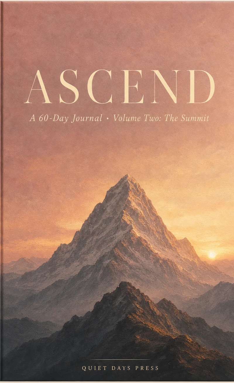 Ascend Volume Two paperback cover: the word ASCEND in letterspaced cream serif capitals over a painted mountain peak lit by a low sun, with the line &lsquo;A 60-Day Journal · Volume Two: The Summit&rsquo; beneath and the Quiet Days Press imprint at the foot.