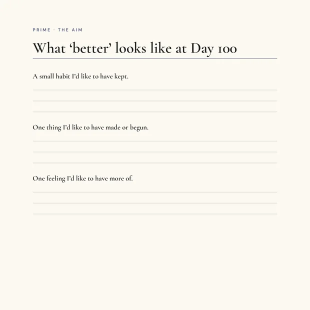 Interior page headed &lsquo;What &lsquo;better&rsquo; looks like at Day 100&rsquo;, with ruled lines under three prompts: a small habit I&rsquo;d like to have, one thing I&rsquo;d like to have made or begun, and one feeling I&rsquo;d like to have more of.