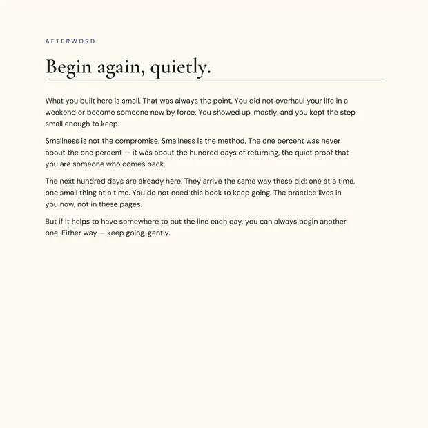 Interior page headed &lsquo;Begin again, quietly&rsquo;, an afterword of four short paragraphs ending on the line that the practice lives in you now, not in these pages.
