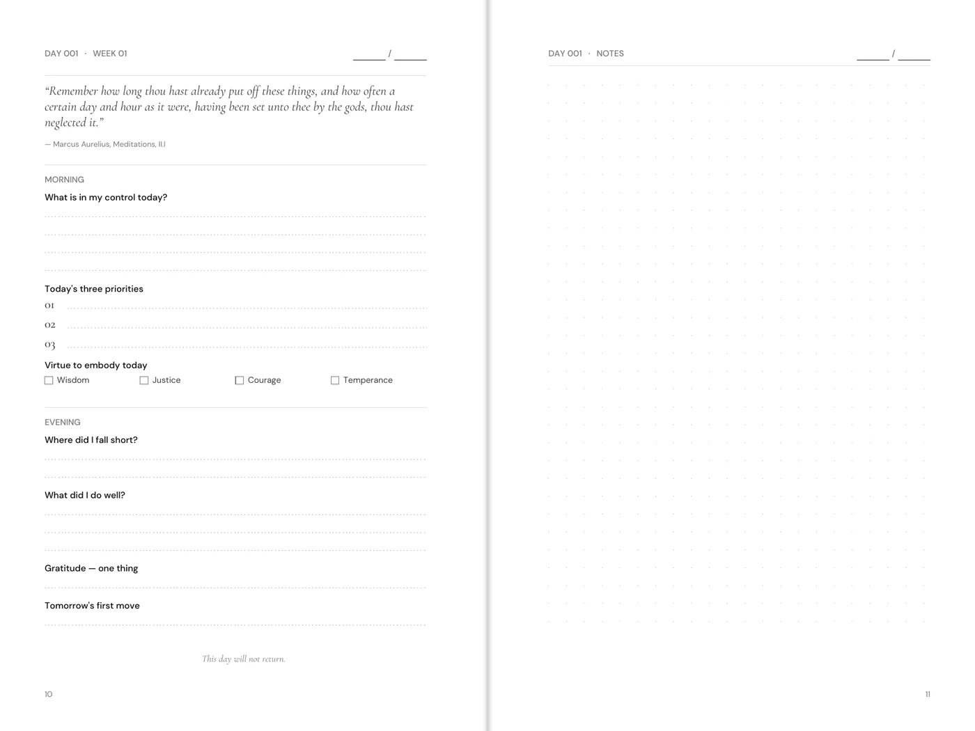 Interior spread. Left page: the Day 001 daily entry with morning and evening sections, three priority lines and four virtue checkboxes. Right page: a dotted free-write notes page.